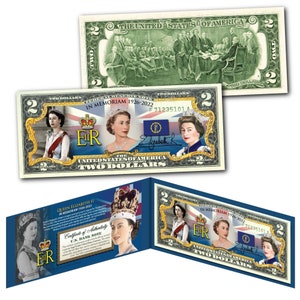 Queen Elizabeth II 1926-2022 Remembering the Queen * Great Britain Monarch * 2.00 Dollar Bill Genuine U.S. Currency - Ships Fast, Free to US