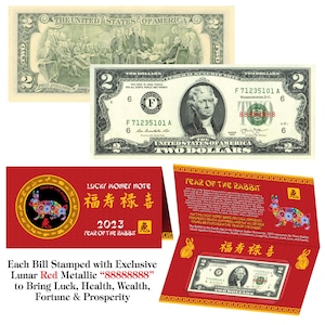 2023 AÑO Nuevo Chino del RABBIT Lunar Red Lucky Eight 8's 2 Dollar Bill w / Foldover - Envío Rápido Vendedor de EE. UU.