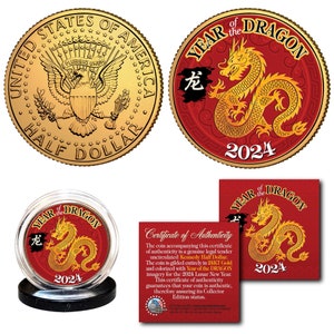 2024 Year of the DRAGON Lunar Chinese New Year Lucky Money - 24K Gold Plated JFK Half Dollar Coin with stand - Ships Fast US Seller