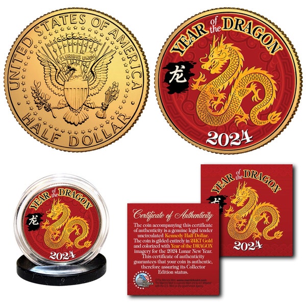 2024 Year of the DRAGON Lunar Chinese New Year Lucky Money - 24K Gold Plated JFK Half Dollar Coin with stand - Ships Fast US Seller