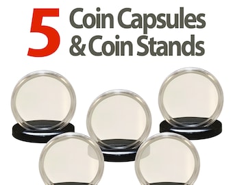 5 Coin Capsules & 5 Coin Stands for ALL SIZES - Choose Your Size - Ships Fast and Free to U.S.