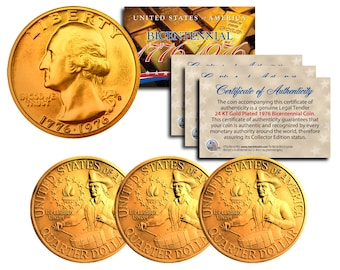 Bicentennial 1976 US Quarters 24K GOLD PLATED Coins w/ Capsules - Lot of 3 (Three)