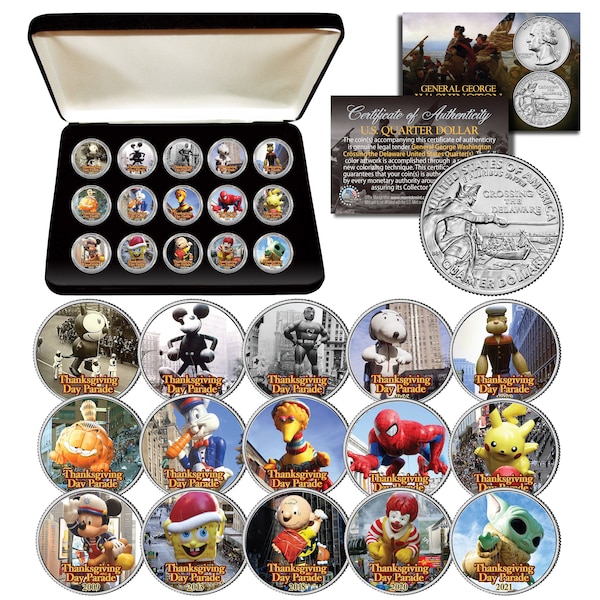 NYC Thanksgiving Day Parade Balloons on 2021 Quarters - 15 Coin Set with Premium Display Box - Ships Fast and Free to U.S.