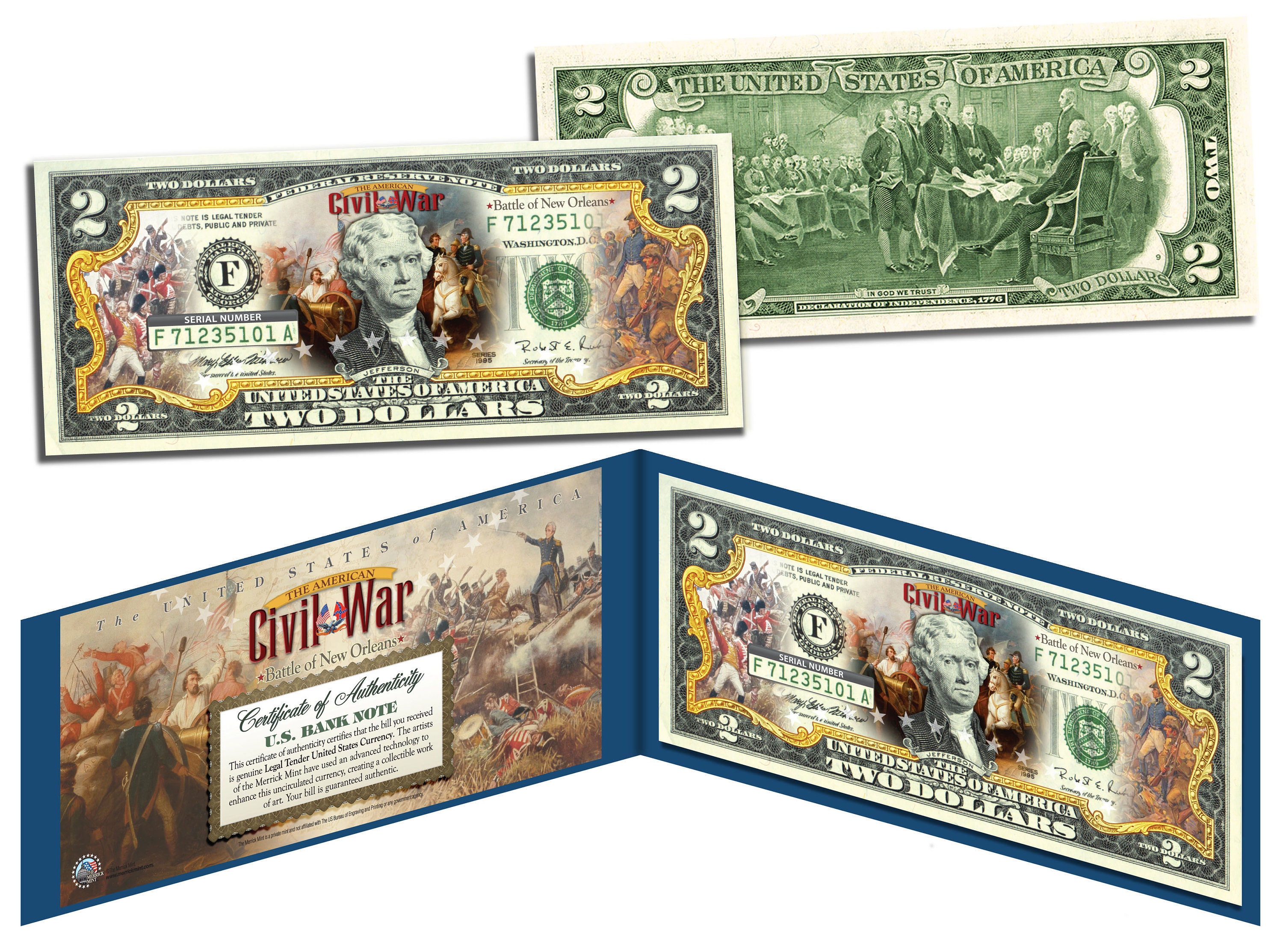 Civil War * Battle of NEW ORLEANS * Two Dollar Bill on Genuine U.S. Currency - Ships Fast and FREE to U.S.