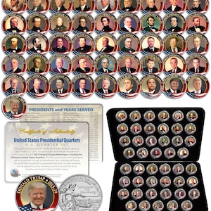 May include: A complete set of United States Presidential Quarters, featuring colorized portraits of each president. The coins are displayed in a black case with a certificate of authenticity. The certificate states that the coins are legal tender US coins and are part of the 2021 General George Washington Crossing the Delaware United States Quarters.