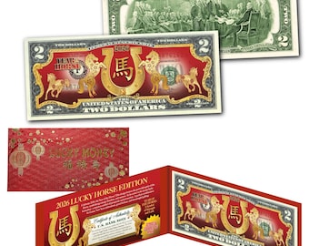 2026 Year of the Horse Chinese New Year LUCKY HORSE Edition 2.00 Dollar Bill w/ Red Envelope &  Folio - Special Limited Edition