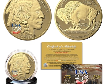 1776-2026 Semiquincentenário do 250º Aniversário da América * BÚFALO * Moeda Comemorativa de Ouro de 1 onça com Marca Privada R/W/B