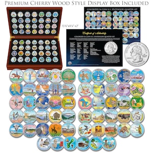 1999-2009 Complete Colorized Set of State Quarters 56-Coin Set Cherry Wood Style Box