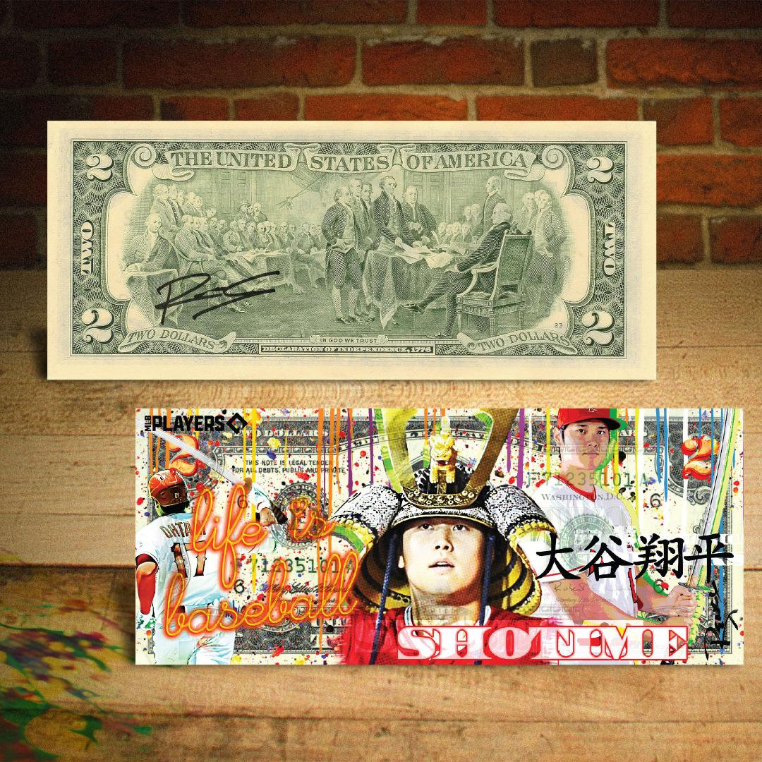 SHOHEI OHTANI Shotime * Life Is Baseball * Japon SIGNÉ par l'artiste Rency Véritable billet légal de 2 dollars - Expédié rapidement, gratuitement aux États-Unis.