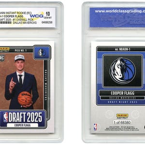 May include: Two basketball trading cards featuring Cooper Flagg, graded by World Class Grading. One card shows Flagg in a suit holding a basketball, the other features the Dallas Mavericks logo. Both cards are in protective cases.