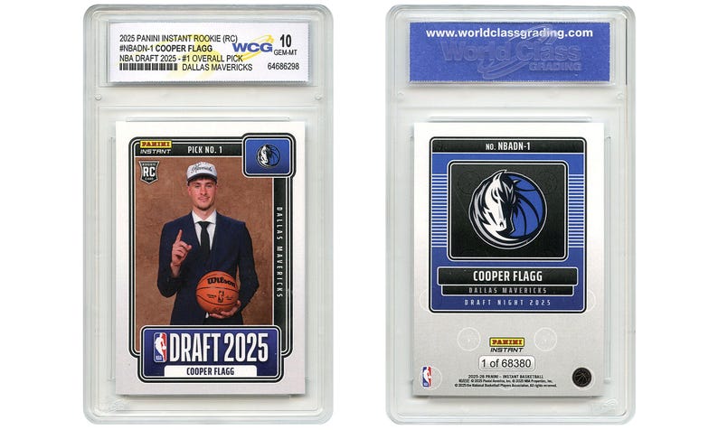May include: Two basketball trading cards featuring Cooper Flagg, graded by World Class Grading. One card shows Flagg in a suit holding a basketball, the other features the Dallas Mavericks logo. Both cards are in protective cases.
