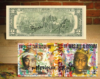 Tupac, Shakur & BIGGIE SMALLS Pop-Art Genuine Legal Tender 2 Dollar Bill - Hand-Signed by Rency - Ships Fast - Free Shipping to U.S.