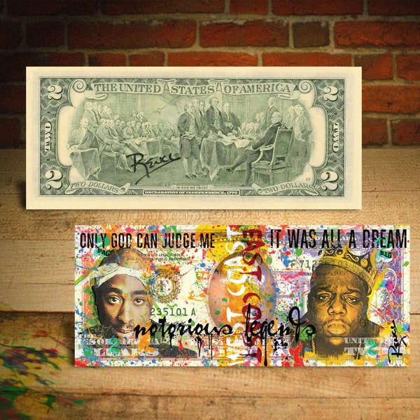 Tupac, Shakur & BIGGIE SMALLS Pop-Art Genuine Legal Tender 2 Dollar Bill - Signé à la main par Rency - Expédié rapidement - Livraison gratuite aux États-Unis
