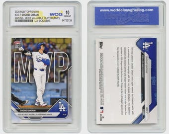 May include: A baseball card encased in a protective holder. The front features Shohei Ohtani in a Los Angeles Dodgers uniform. Text includes "2025 N.L. Most Valuable Player (MVP)". The card is graded as GEM-MT by WCG.