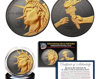 2026-P ENDURING LIBERTY Half Dollar Coin, Black Ruthenium with 24K Gold Highlights - America 250 Semiquincentennial