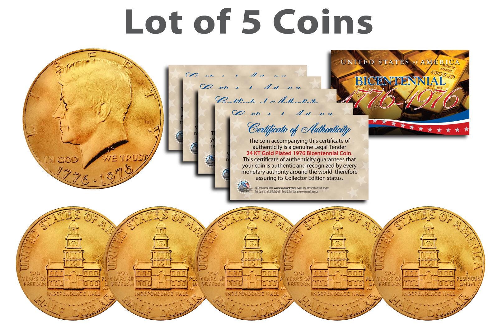 Bicentennial 1976 US John F. Kennedy (JFK) Half Dollars 24K GOLD Plated Coins w/Capsules - Lot of 5