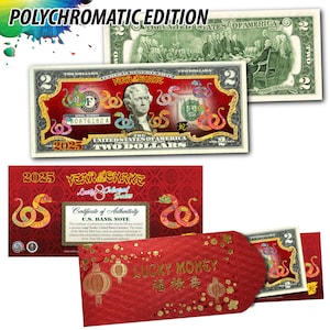 May include: A red and gold two dollar bill with a snake design. The bill is part of a set celebrating the Year of the Snake. The bill is in a red envelope with gold lettering that says "Lucky Money" in English and Chinese.
