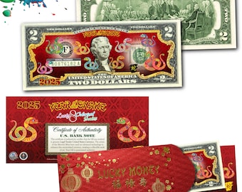 2025 Year of the SNAKE Chinese New Year Polychromatic 8 Snakes on Genuine Two Dollar US Bill - Gold & Red Envelope - Fast Free Ship to U.S.