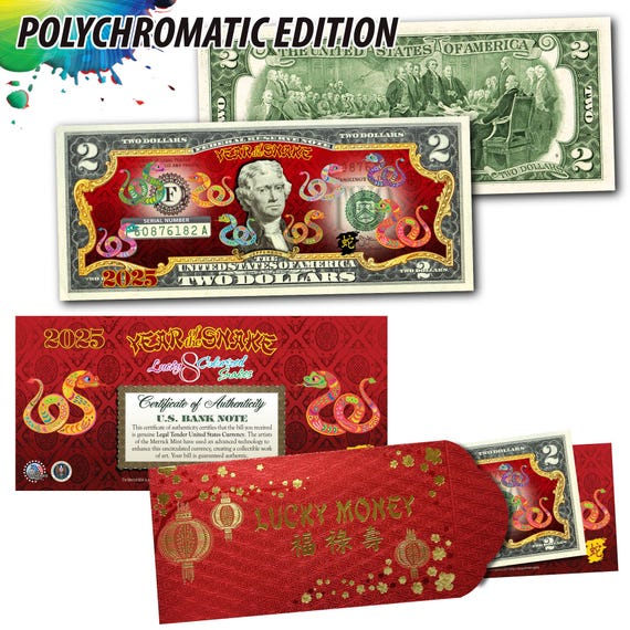 2025 Year of the SNAKE Chinese New Year Polychromatic 8 Snakes on Genuine Two Dollar US Bill - Gold & Red Envelope - Fast Free Ship to U.S.