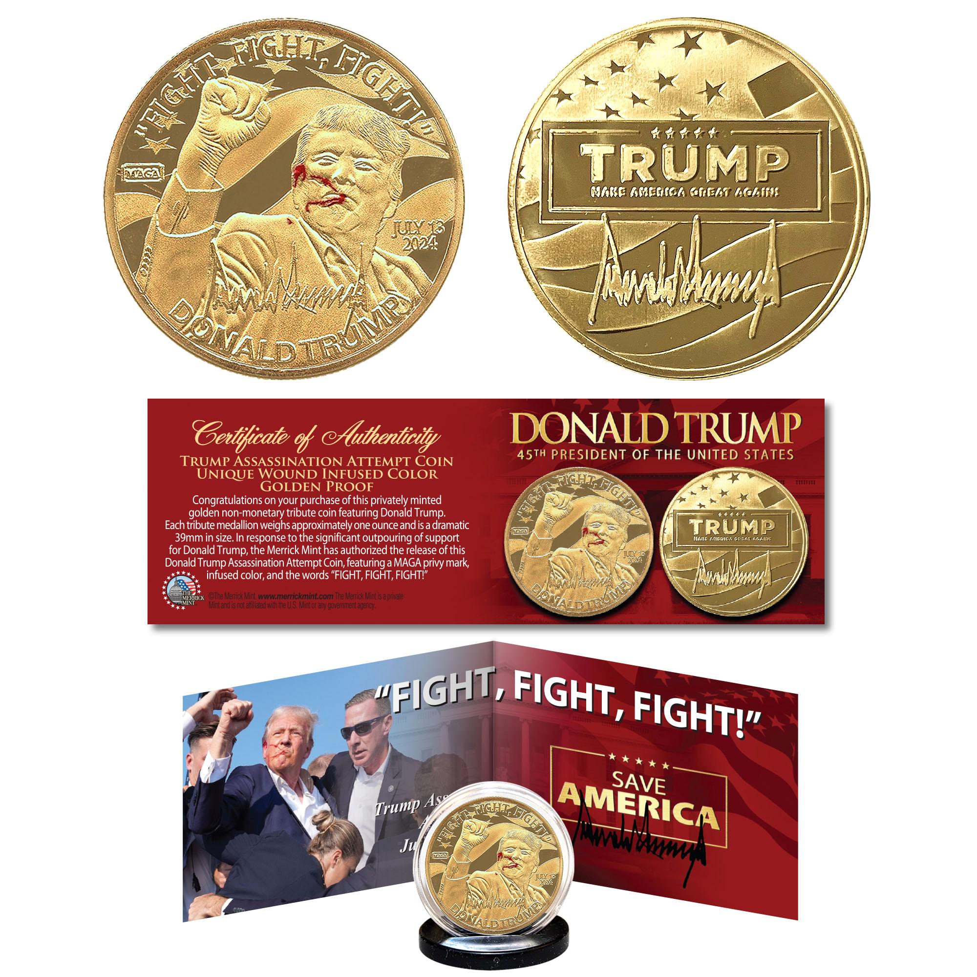 NEW! Donald Trump Fight Fight Fight Nickel-silver 1oz GOLDEN Color Tribute  Coin Infused Wound Color Panoramic & Certificate of Authenticity - Etsy