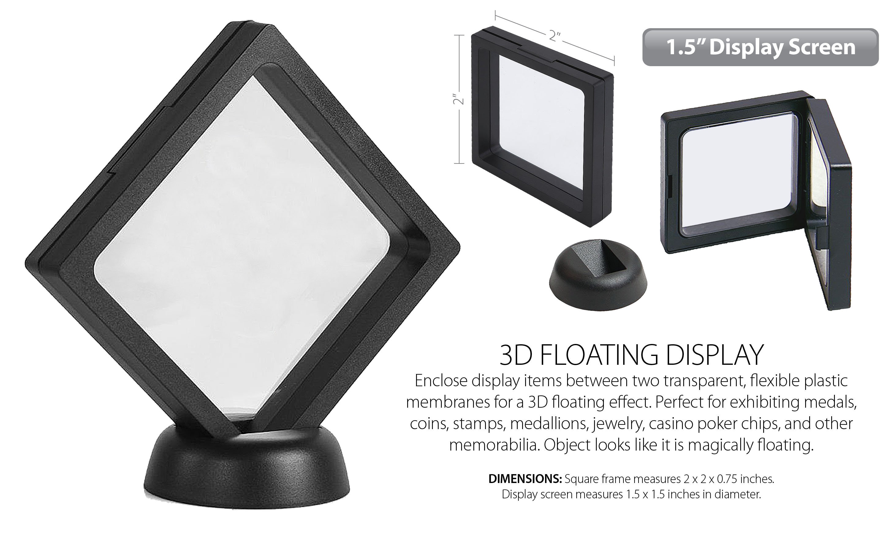 20-Pack Black 3D Floating Display Frames - 1.97" Square Coin Holder With Base For Medallions, Jewelry - View #12