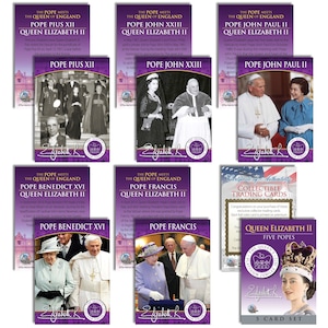 Conjunto de cartas colecionáveis da edição "Jubileu de Platina" da Rainha Elizabeth II e 6 Papas