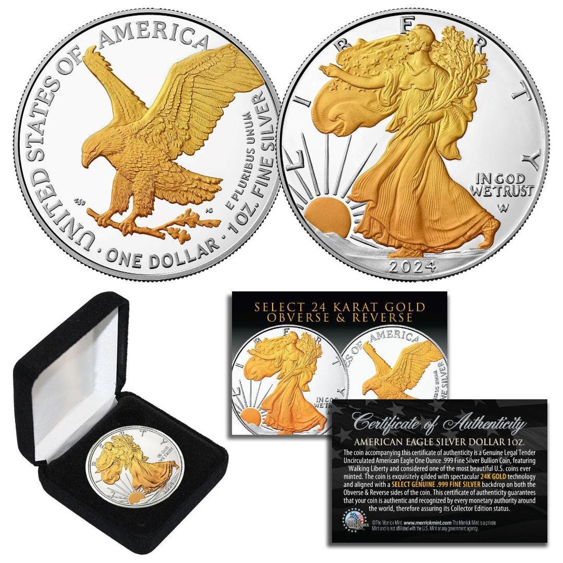 2024 American .999 Silver Eagle 1 Oz Coin SELECT 24K Gold Gilded 2 ...