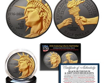 2026-P ENDURING LIBERTY Half Dollar Coin, Black Ruthenium with 24K Gold Highlights - America 250 Semiquincentennial