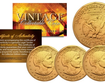 Susan B. Anthony (Lot of 3) 24K Gold Plated US Dollar w/ Capsule & Certificate - Fast Shipping, Free to U.S.
