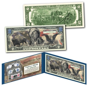 May include: A two dollar bill replica with a black eagle, a buffalo, and a Native American chief on a red, white, and blue background. The bill has the text "United States of America Two Dollars" and the serial number "F71235101 A".