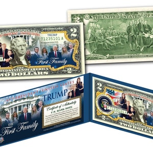 Donald Trump & the Entire First Family Two Dollar Bill on Genuine US Currency with Donald, Melania and Baron -  Fast shipping!
