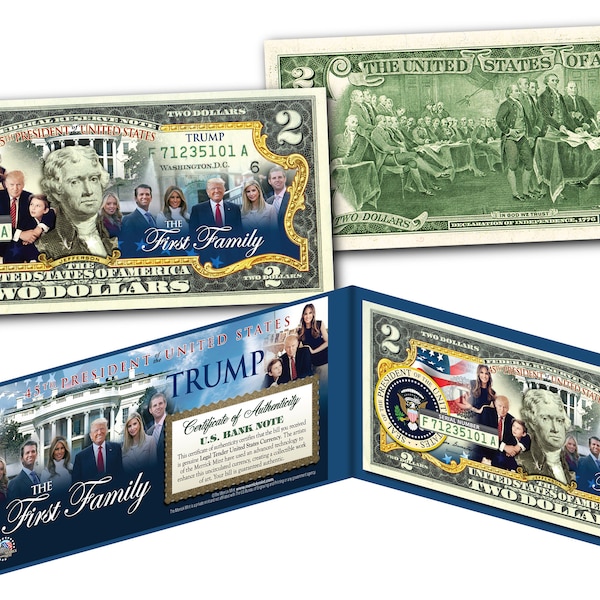 Donald Trump & the Entire First Family Two Dollar Bill on Genuine US Currency with Donald, Melanie and Baron -  Fast shipping!