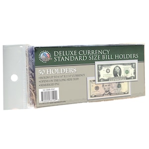 May include: A package of 50 clear plastic bill holders for standard size currency. The package is green and white with the text "Deluxe Currency Standard Size Bill Holders" and "50 Holders". The package also includes a barcode and the text "50-SMR-PVC".