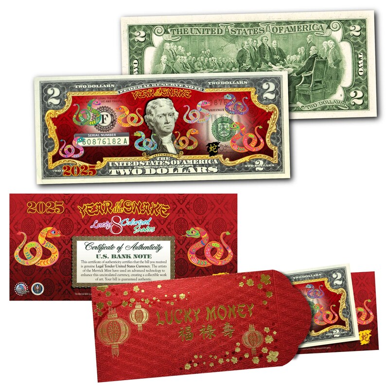 May include: A red and gold $2 bill featuring a snake design, celebrating the Year of the Snake. The bill is part of a set that includes a red envelope with the words "Lucky Money" and Chinese characters.