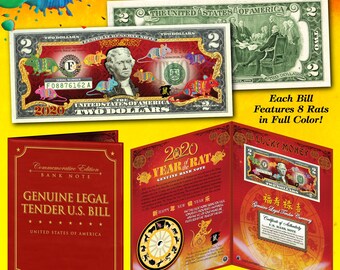 2020 Chinese New Year - Polychromatic YEAR of the RAT Two Dollar Bill on Genuine US Currency in Large 8 x 10 Red Display Folder - Ships Fast