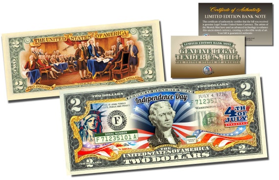 July 4th Independence Day 2-Sided 2.00 Dollar Bill U.S. Genuine Currency - Ships Fast & FREE to U.S.