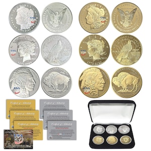 May include: A collection of commemorative coins, including silver and gold varieties, featuring historical figures and symbols. The coins are displayed with certificates of authenticity and a presentation case. The coins are marked with the text "USA 250" and "1776-2026".