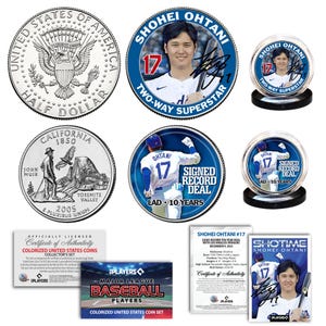 Shohei Ohtani SHOTIME Los Angeles Dodgers 2024 World Series Champions licenciado JFK Half Dollar e conjunto de moedas CA Quarter 2 com cartão bônus