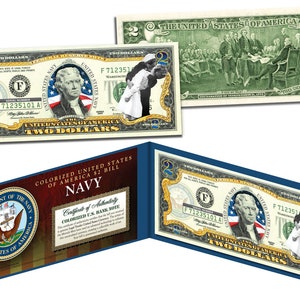 NAVY - WWII Retro THe KISS photogrash on Two Dollar Bill Genuine U.S. Uncirculated Currency - Ships Fast and Free