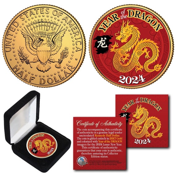 2024 Année du DRAGON Nouvel An chinois lunaire Argent porte-bonheur Pièce  d'un demi-dollar JFK plaquée or 24 carats avec boîte de luxe Expédié  rapidement par le vendeur américain -  France