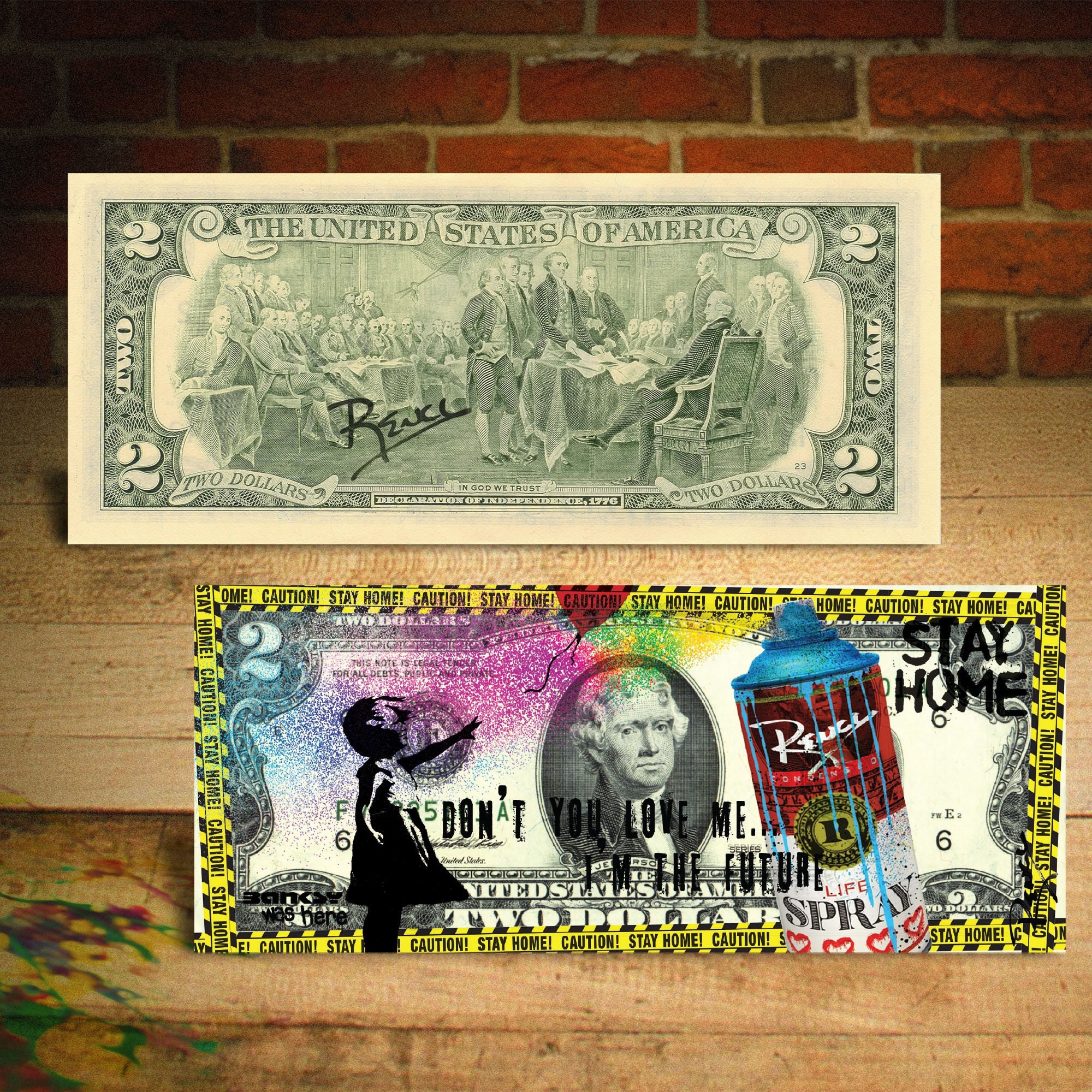 レンシー　2ドル札　風船と少女　STAY HOME Balloon Girl STAY HOME - Pop Art Genuine 2 Dollar Bill