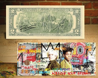 Warhol - Basquiat Colorful Sayings  Pop Art Genuine 2 Dollar Bill Signed by Rency - Ships Fast & Free to US