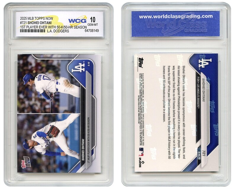 May include: A baseball card featuring Shohei Ohtani of the Los Angeles Dodgers. The card is encased in a protective holder and graded by WCG. The front of the card shows two action shots of Ohtani. Text on the card reads "1st Player Ever with 50-K/50-HR Season."