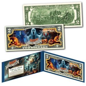 Op de afbeelding: Een nep-biljet van $2 met een Halloween-thema. Het biljet toont een spookachtig spookhuis, een geest, een vampier en een clown. De tekst "Happy Halloween" staat op het biljet gedrukt.