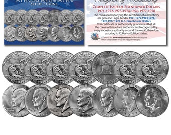 Eisenhower IKE DOLLARS 7-Coin Set Years 1971-1978 (including 1973) w/Capsules - Free Ship to U.S.