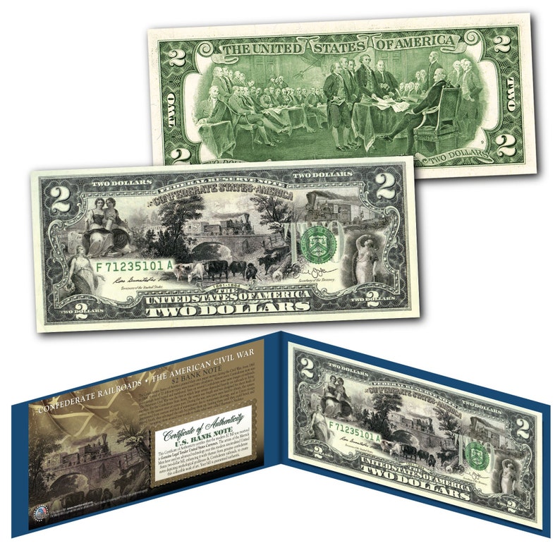 Ships Fast and FREE to U.S. RAILROADS Currency Two Dollar Bill on Genuine U.S Civil War CONFEDERATE