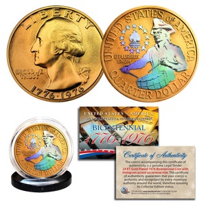 1976 Bicentennial Genuine U.S. Quarter Coin - 24K Gold Plated & Prism Hologram - Fast Shipping, Free to U.S.