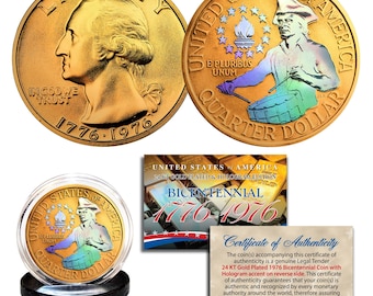 1976 Bicentennial Genuine U.S. Quarter Coin - 24K Gold Plated & Prism Hologram - Fast Shipping, Free to U.S.