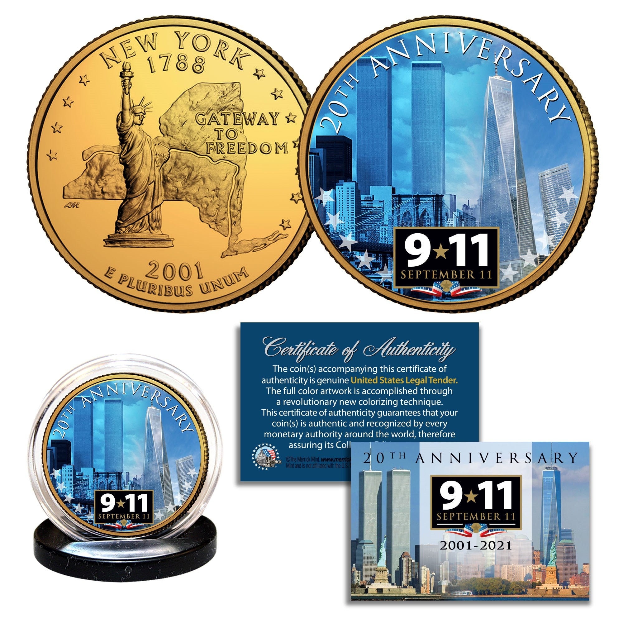 9-11 World Trade Center 20th Anniversary 24K Gold Plated NY
