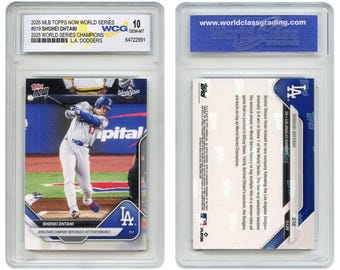 May include: A baseball card of Shohei Ohtani, L.A. Dodgers, graded by WCG. The front displays Ohtani batting, with text including "2025 MLB Topps Now World Series" and "Shohei Ohtani." The reverse side provides details of his World Series performance.